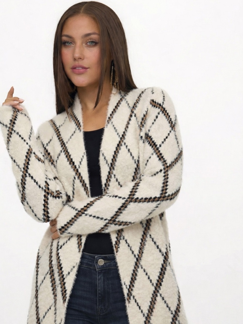 Magaschoni Soft Fuzzy Open Cardigan Sweater Ivory Diamond Pattern Cozy Size M